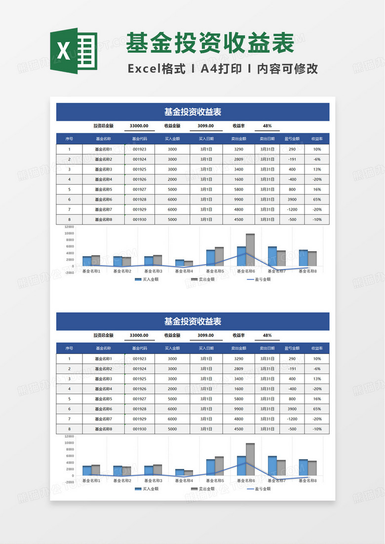 简洁基金投资收益表excel模板