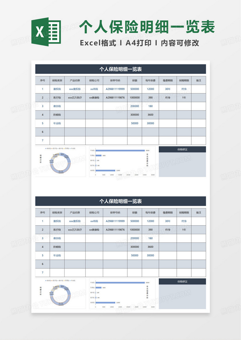 个人保险明细一览表excel模板