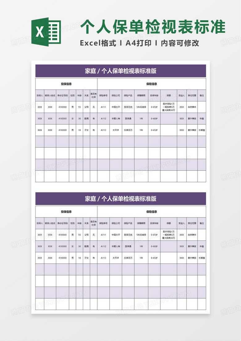 保单检视表标准版excel模板