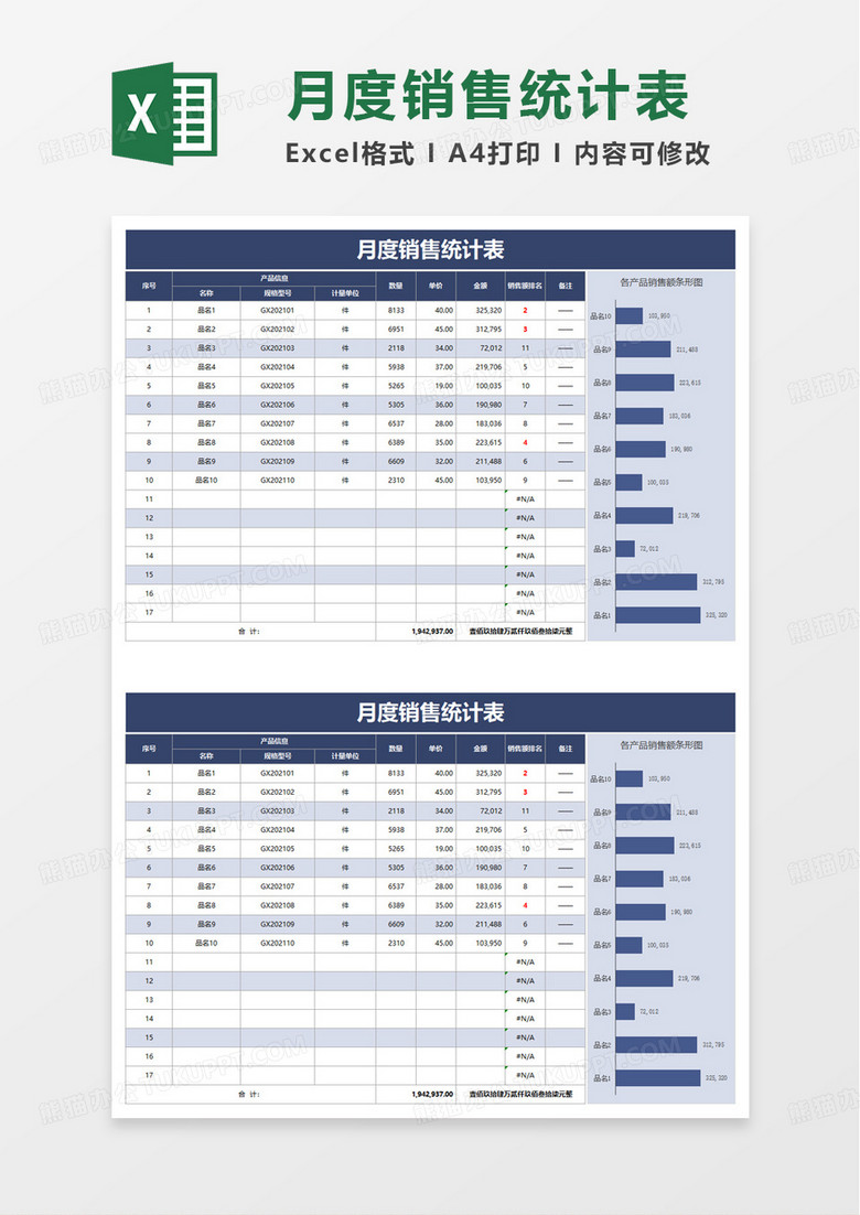 月度销售统计表excel模板