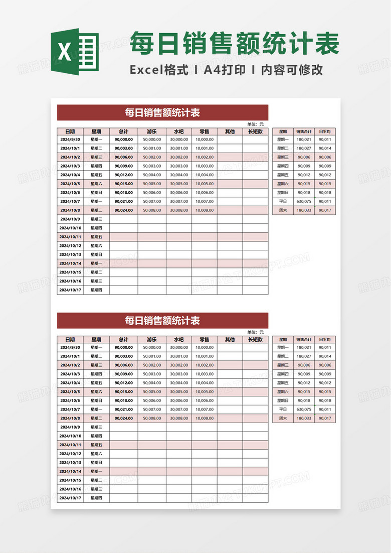 通用简洁每日销售额统计表excel模板