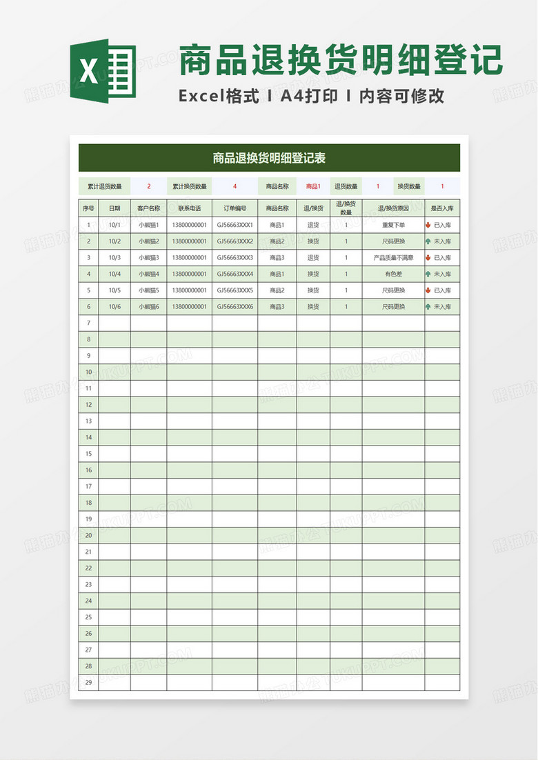 商品退换货明细登记表excel模板