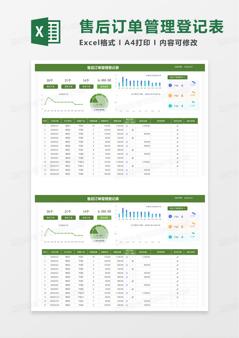 售后订单登记表excel模板