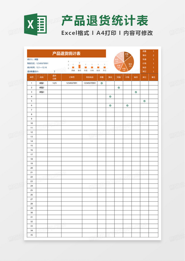 产品退货统计表excel模板