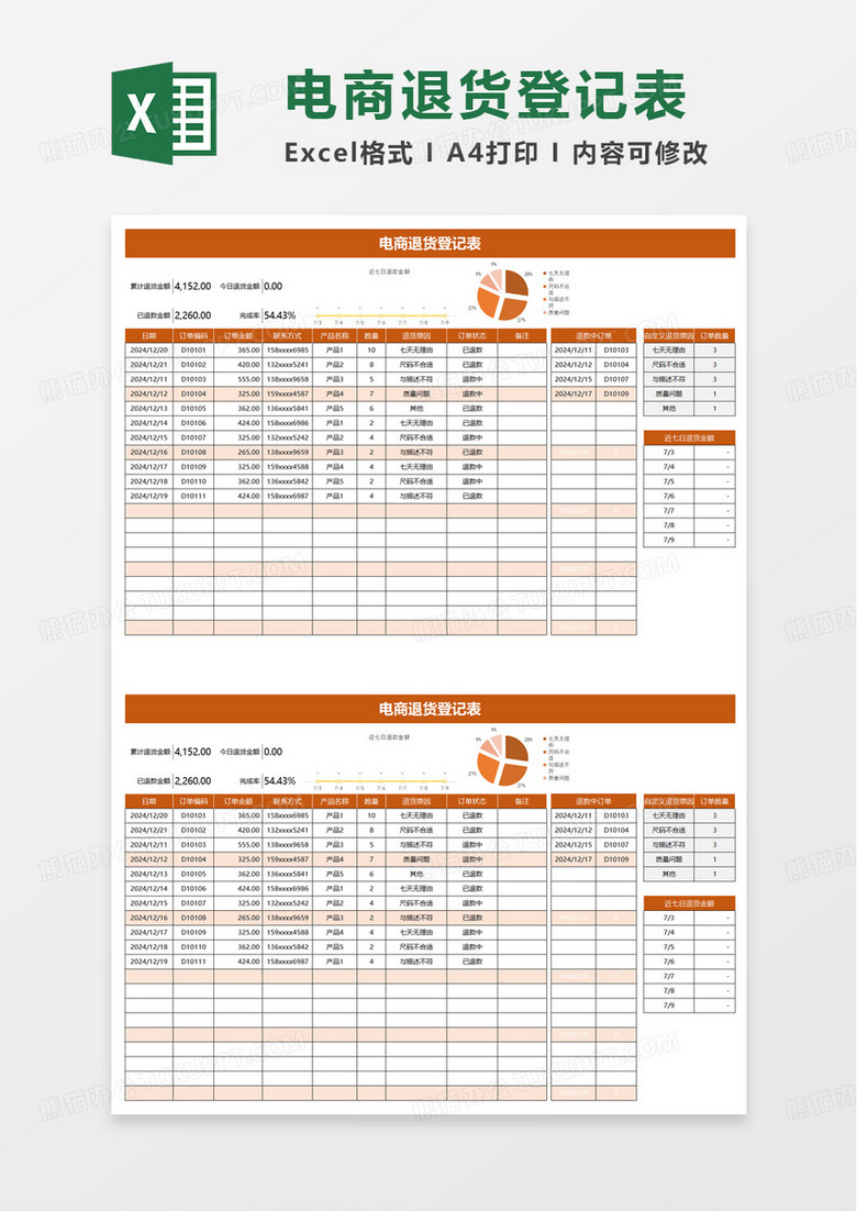 实用简洁电商退货登记表excel模板