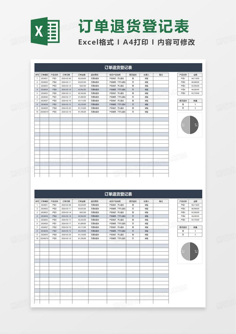 订单退货登记表excel模板