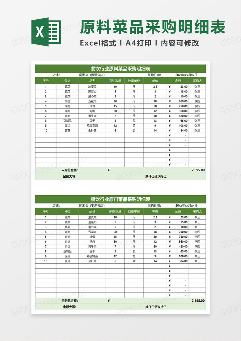 餐饮行业原料菜品采购明细表excel模板