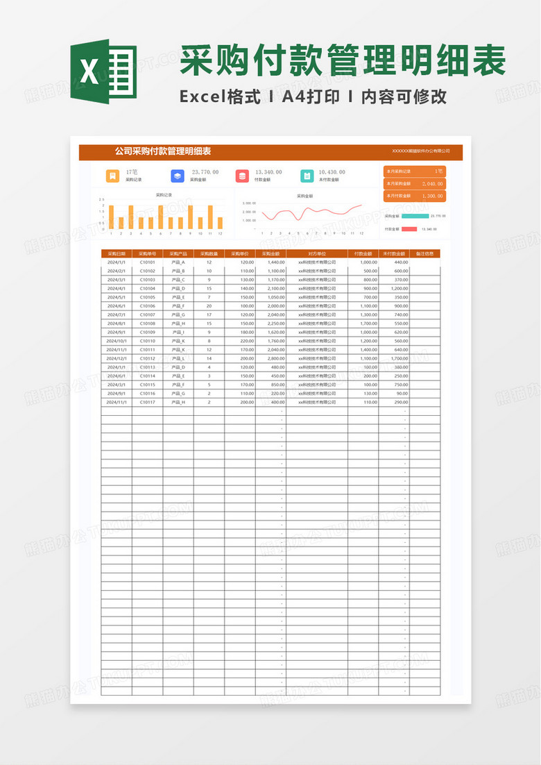 公司采购付款管理明细表excel模板