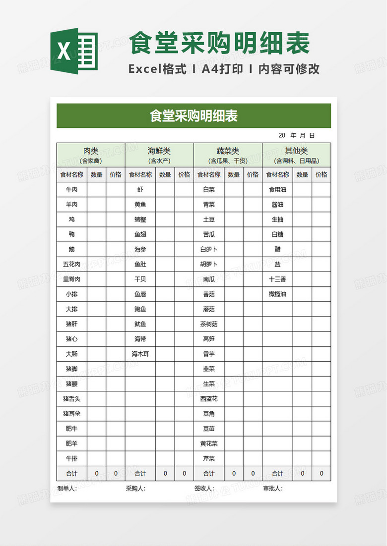 食堂采购明细表excel模板