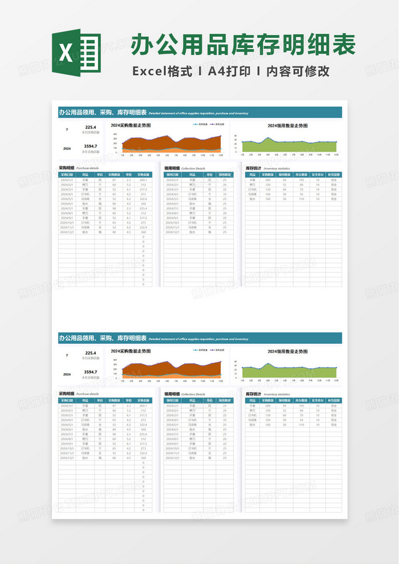 办公用品领用采购库存明细表excel模板