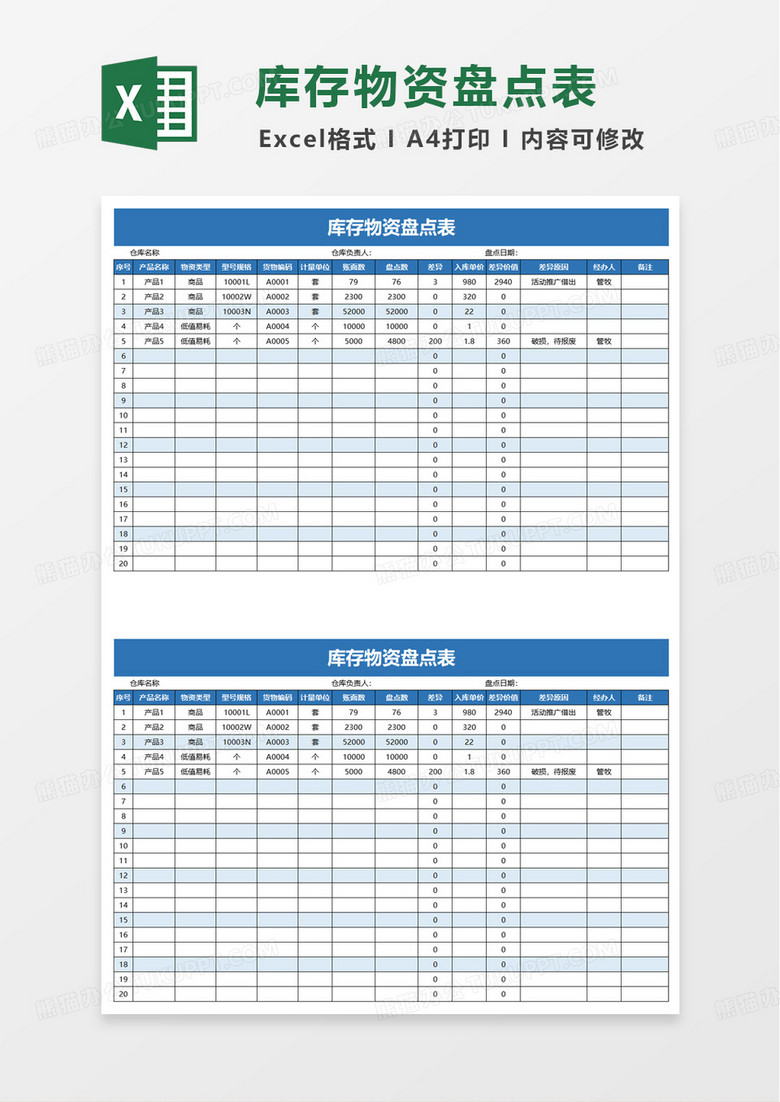 库存物资盘点表excel模板