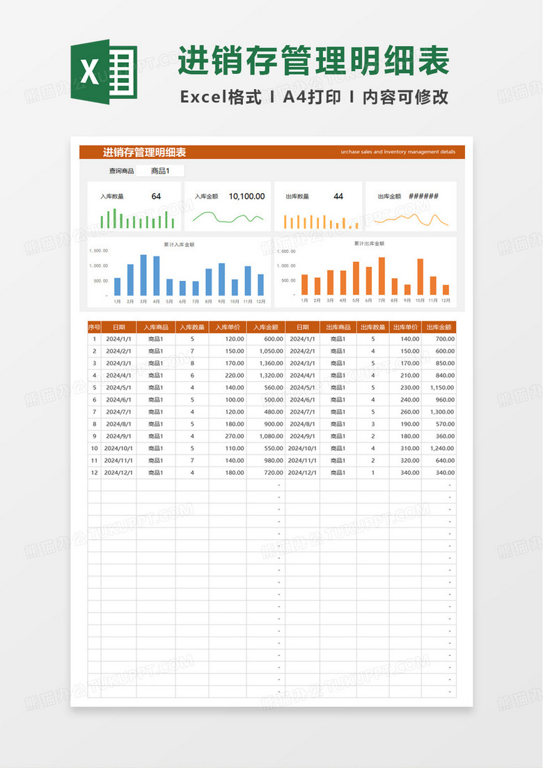 橙色进销存管理明细表excel模板