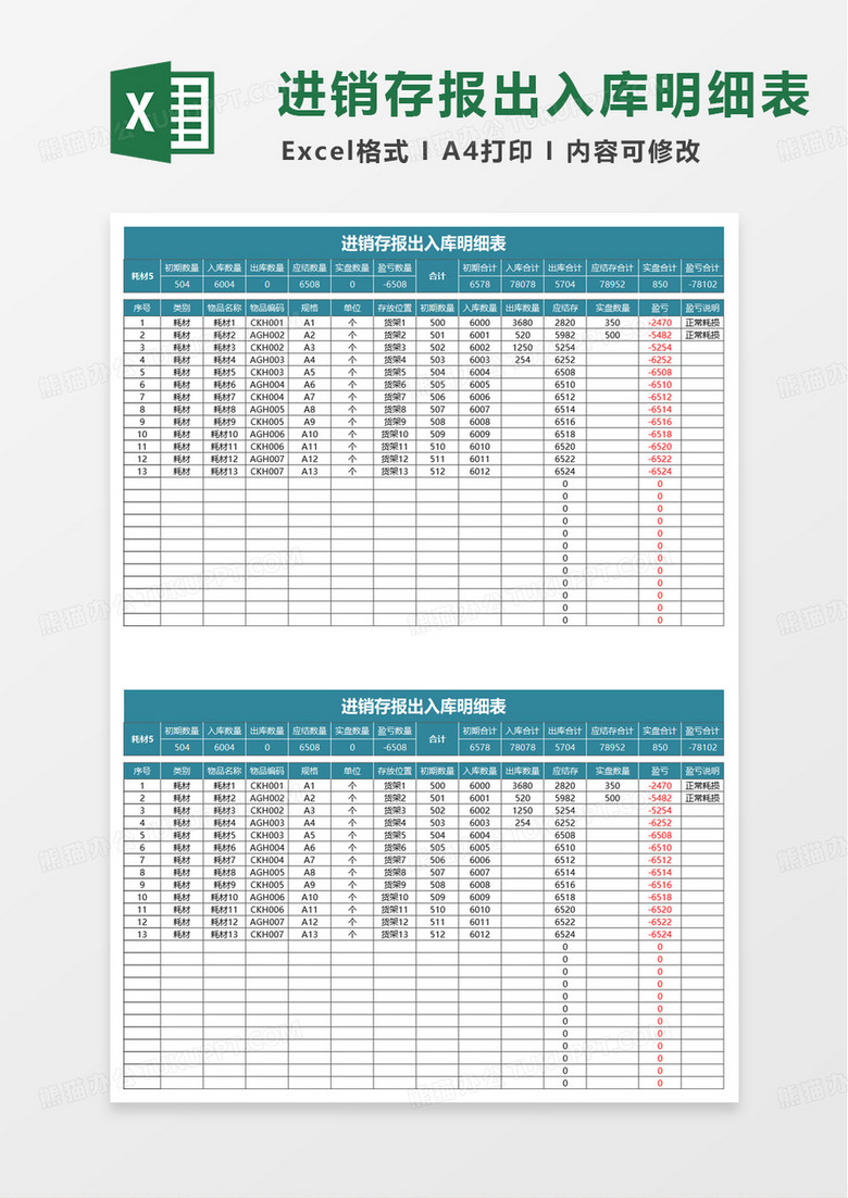 简洁通用进销存出入库明细表excel模板