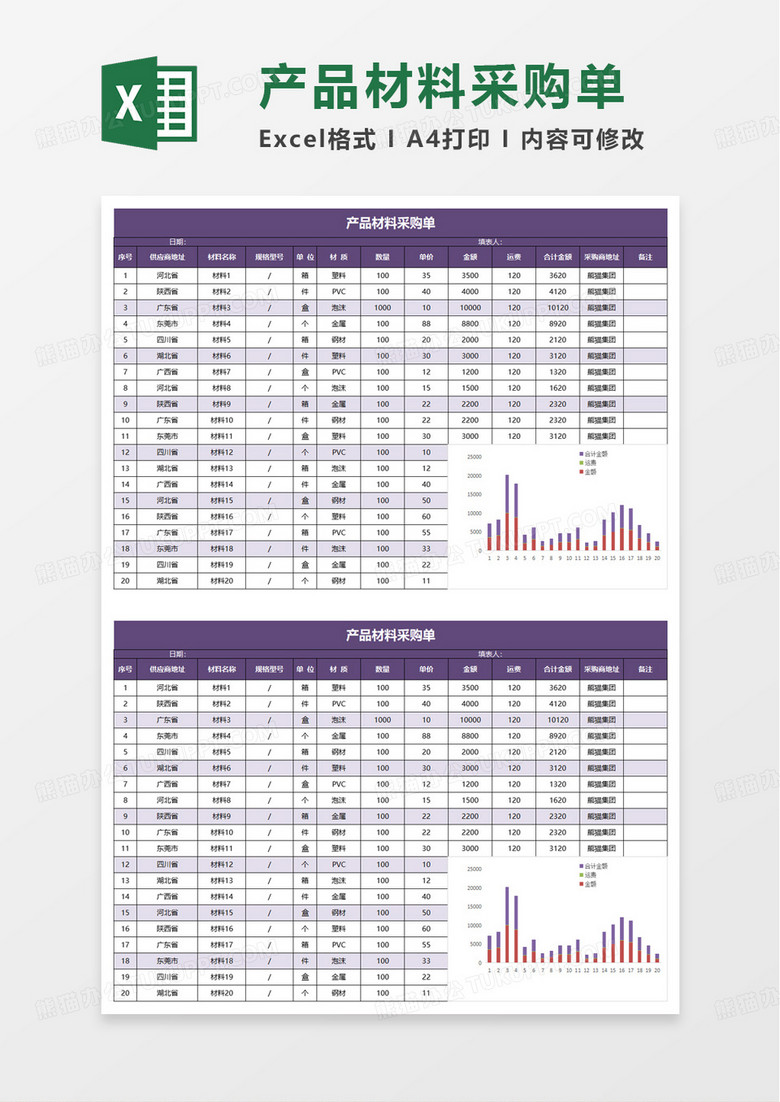 材料采购清单表excel模板