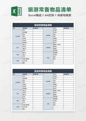 蓝色旅游常备物品清单excel模板