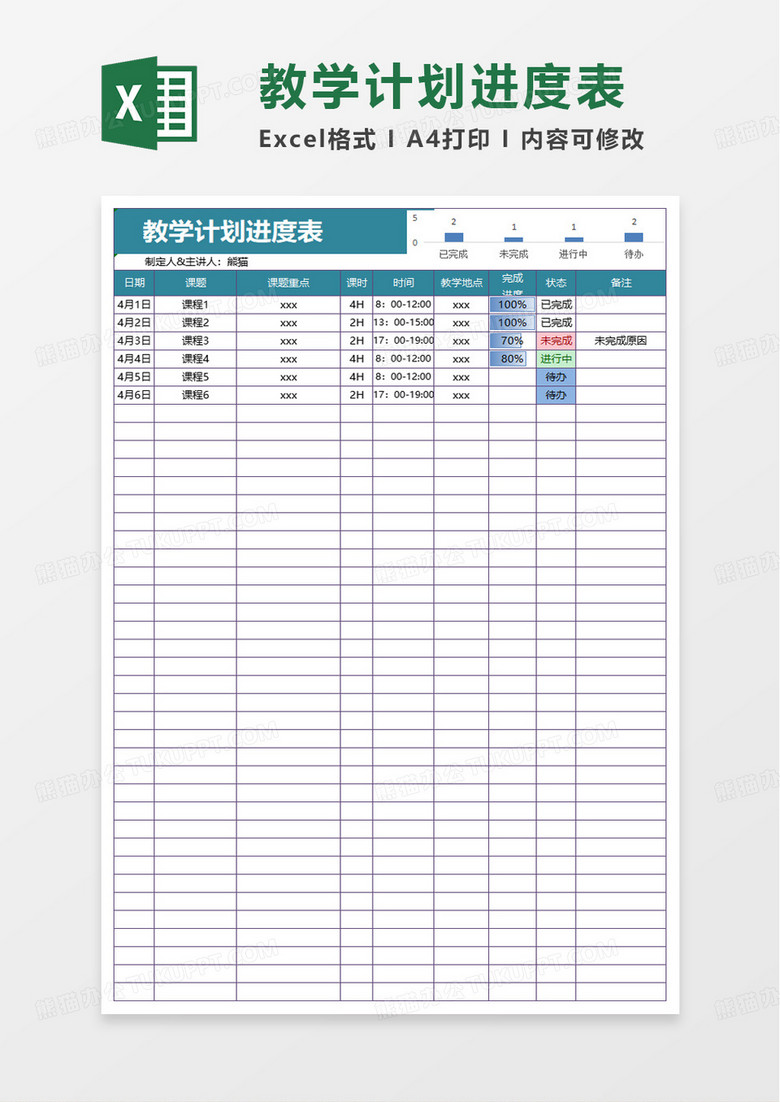 简洁实用教学计划进度表excel模板