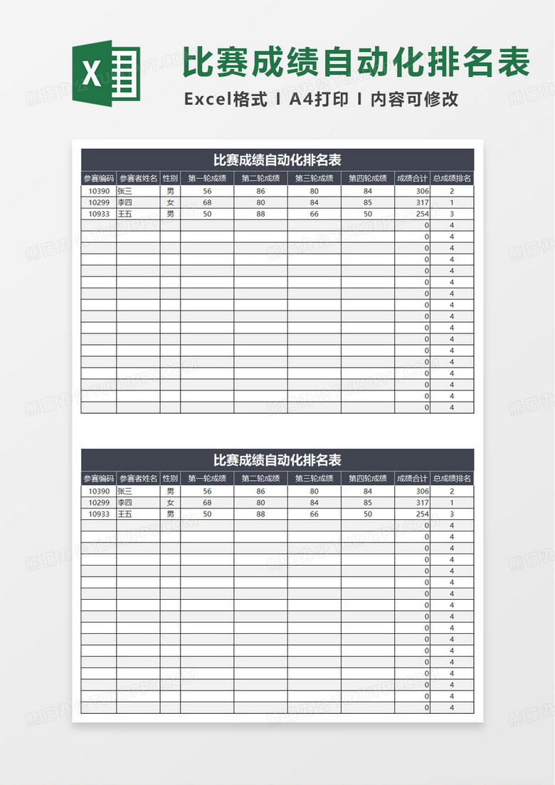 比赛成绩自动化排名表excel模板