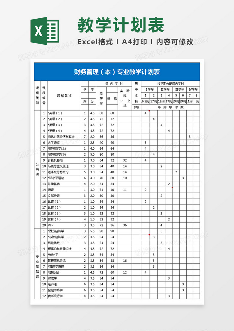 财务管理专业教学计划表excel模板 
