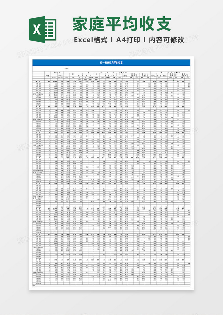 每一家庭每月平均收支Excel模板