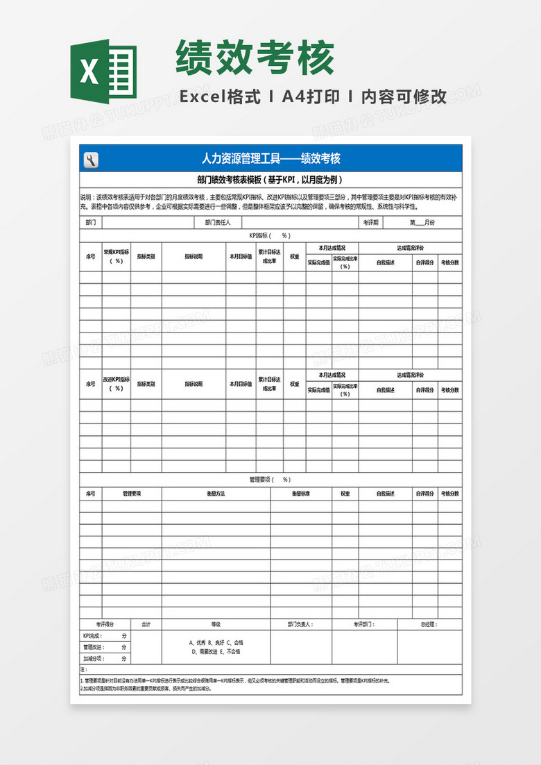 部门绩效考核表模板Excel表格