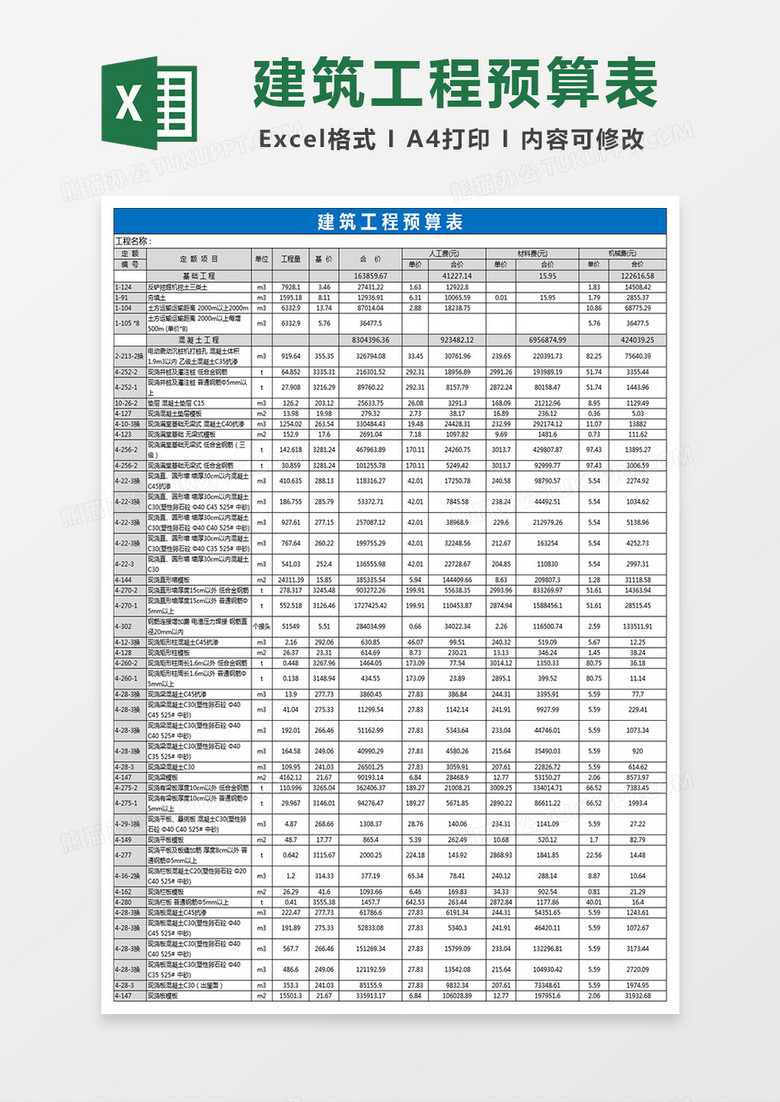 建筑工程预算表格