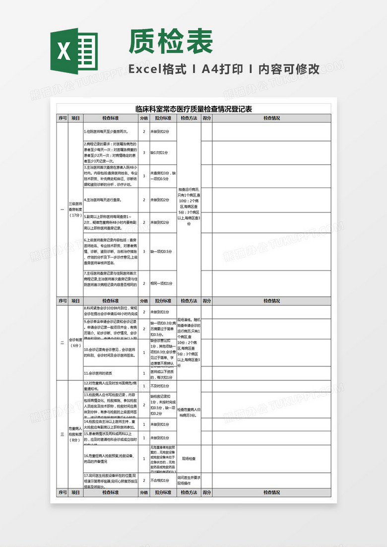 常态医疗质量质控检查表excel模板下载 医疗 熊猫办公