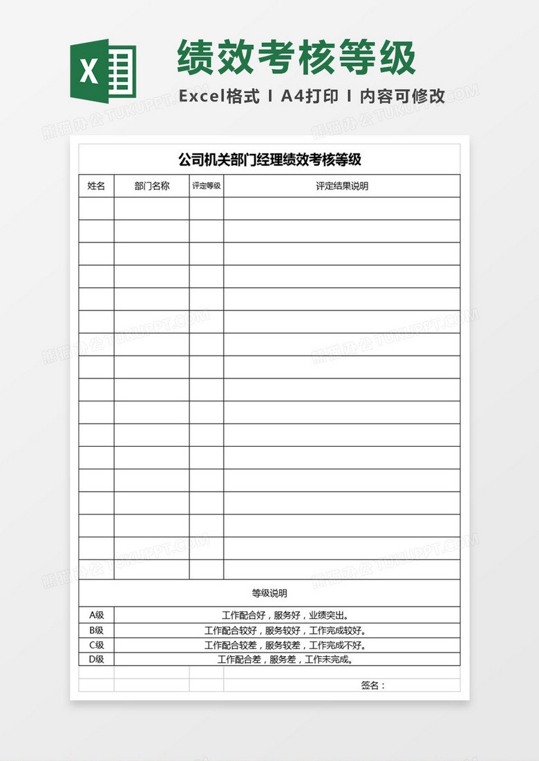 公司机关部门经理绩效考核等级Excel表格