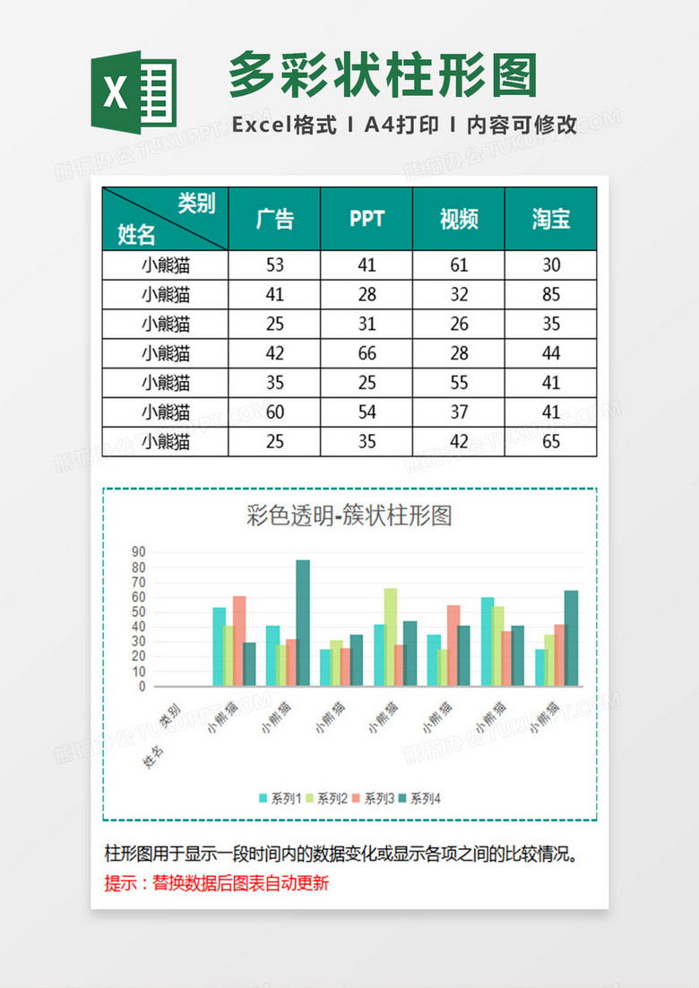 多彩透明簇状柱形图excel模板下载 Xlsx格式 熊猫办公