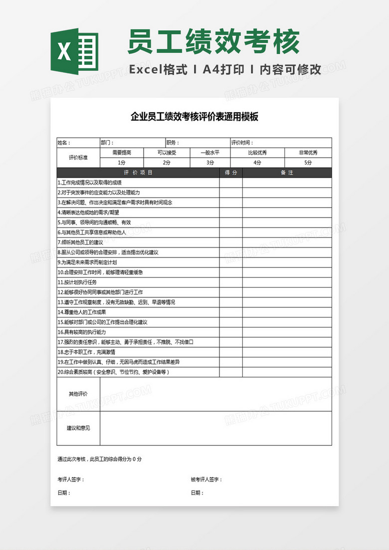 企业员工绩效考核评价表通用模板Excel表格