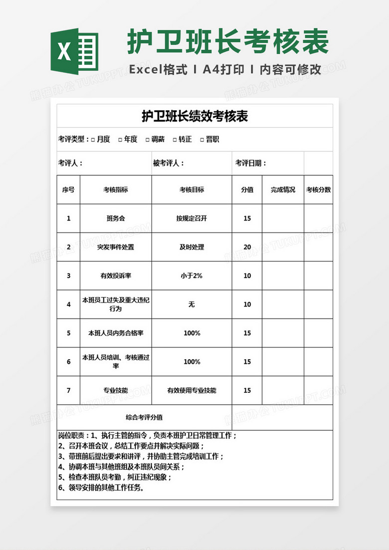 护卫班长绩效考核表Excel表格