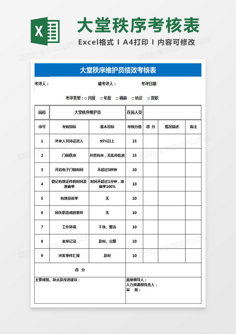 大堂秩序维护员绩效考核表Excel表格