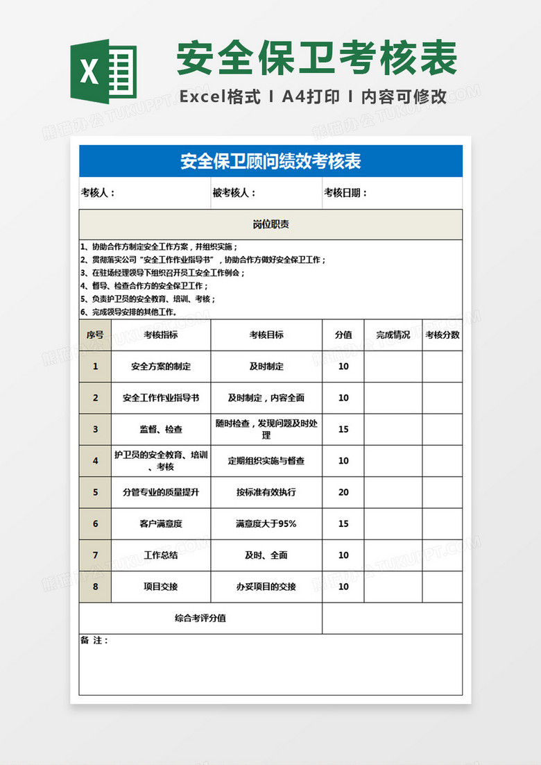 安全保卫顾问绩效考核表Excel表格