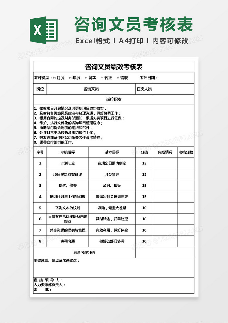 咨询文员绩效考核表Excel表格