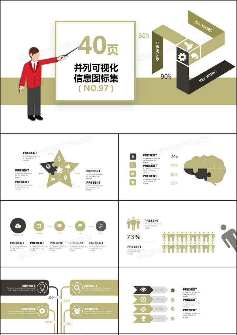 40页淡色并列信息可视化图表集PPT模板