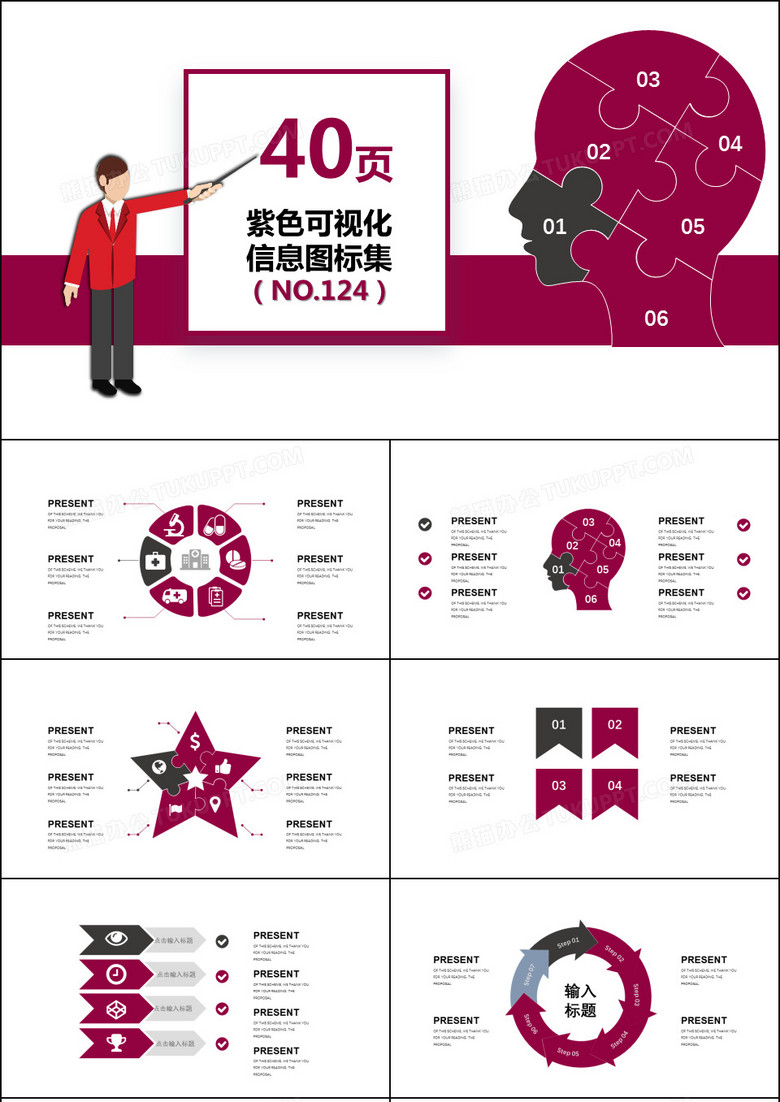 40页紫色辑信息可视化图表集PPT模板