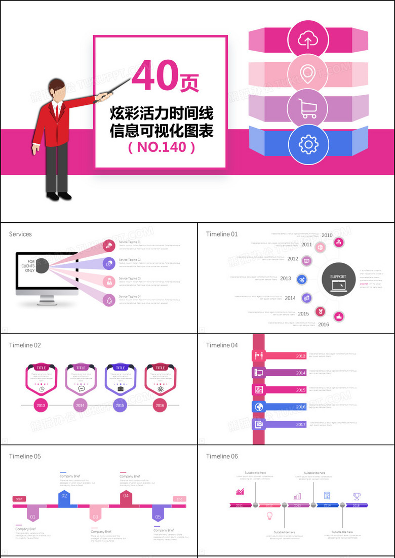 40页炫彩活力时间线信息可视化PPT图表