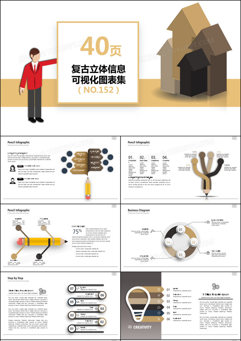 40页复古立体信息可视化PPT图表