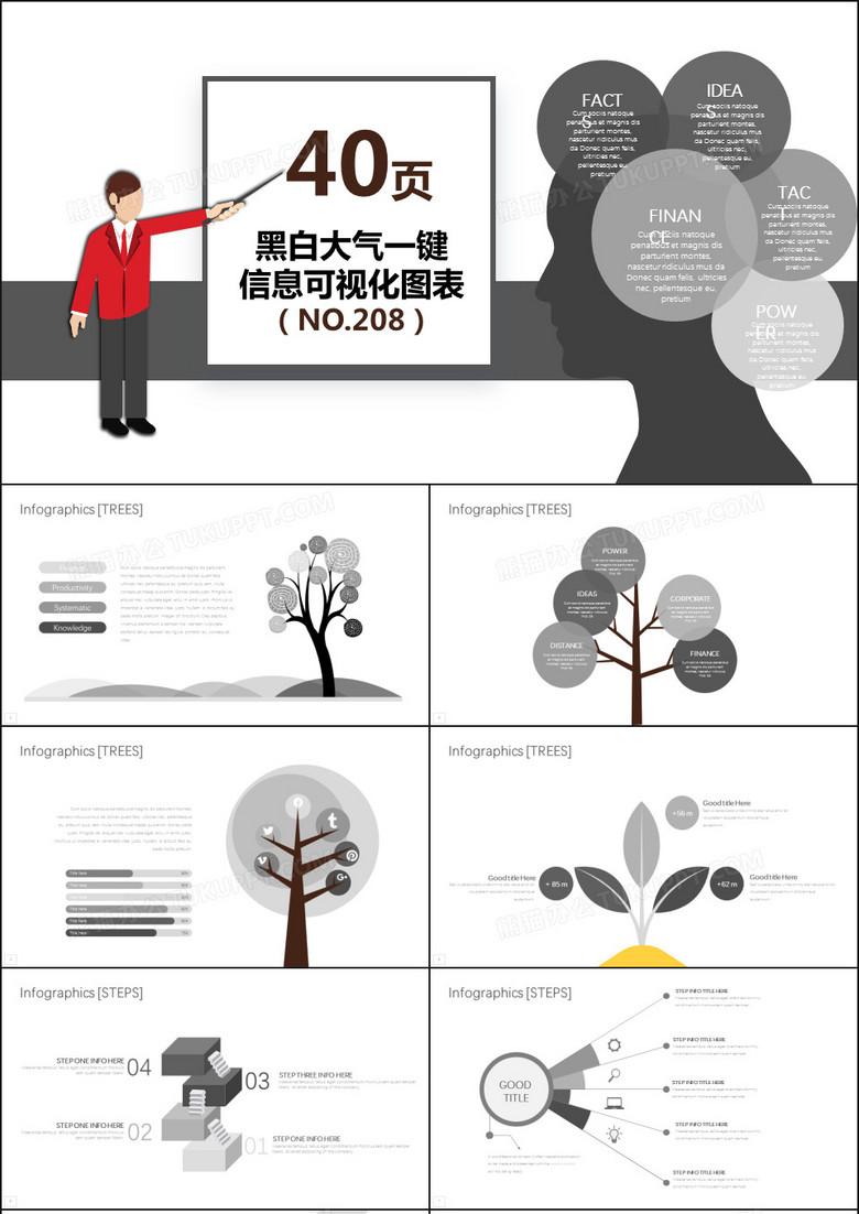 40页黑白一键换色信息可视化PPT图表