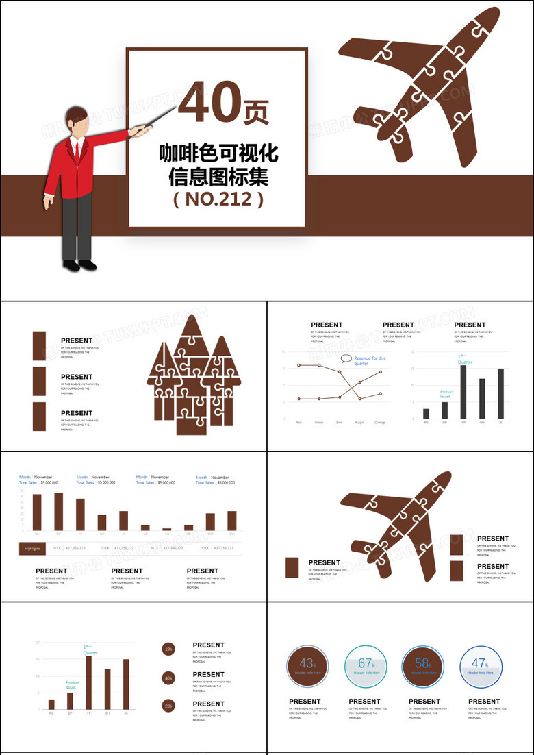 40页咖啡色信息可视化图表集PPT模板