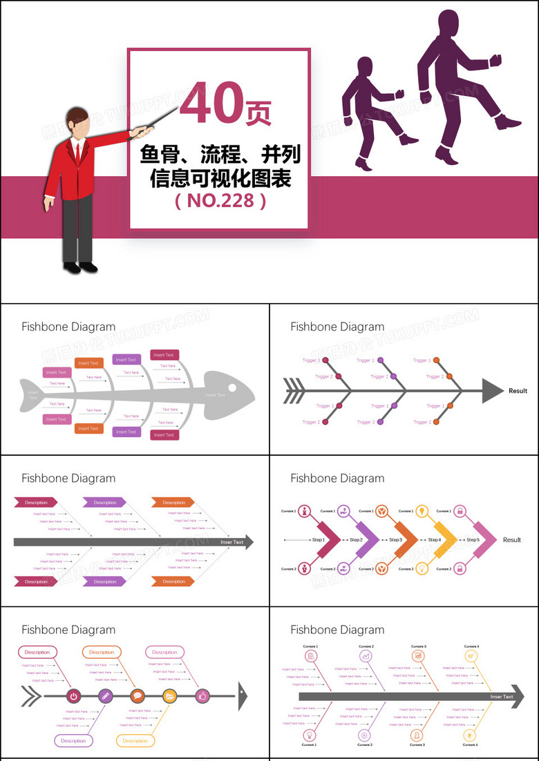 40套鱼骨流程并列信息可视化PPT图表