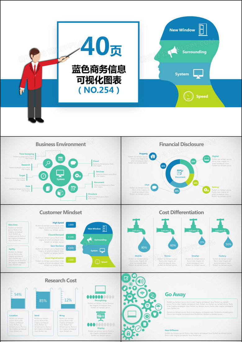 40页蓝色商务信息可视化PPT图表