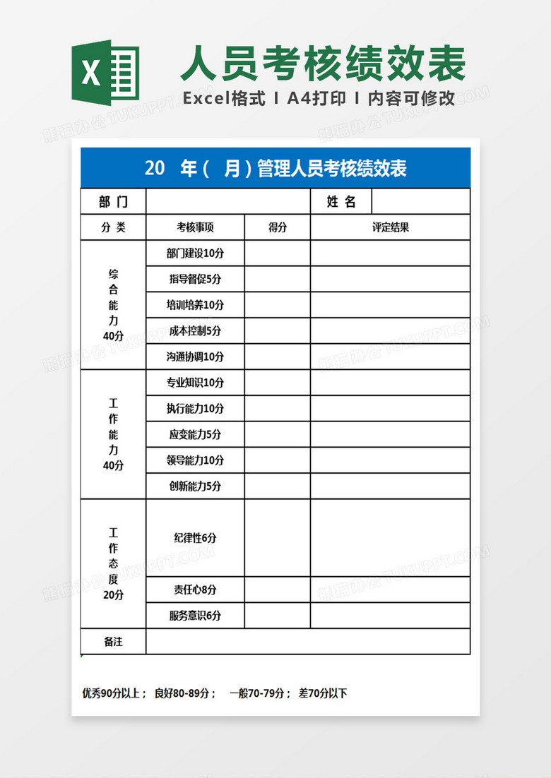 管理人员绩效考核Excel表格