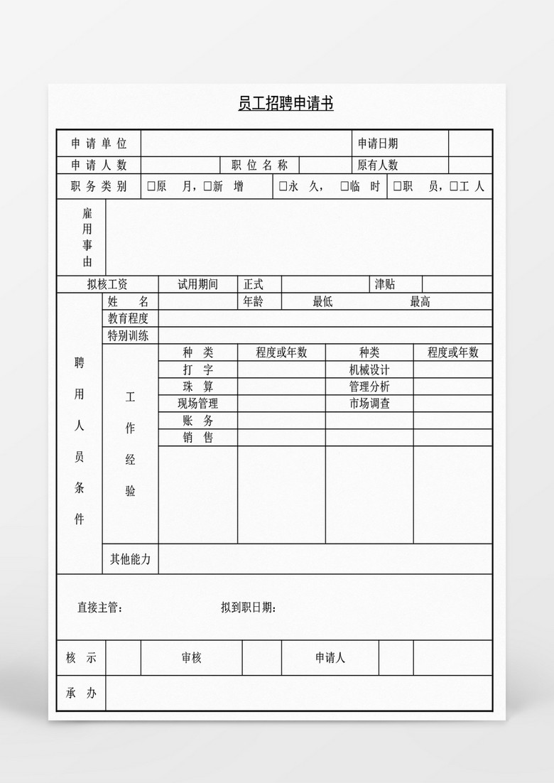 员工招聘申请书模板word表格