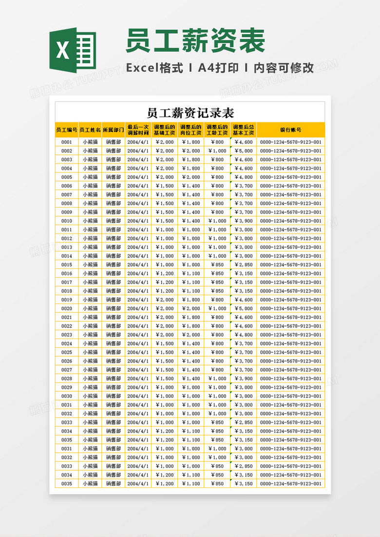 员工薪资记录表excel文档