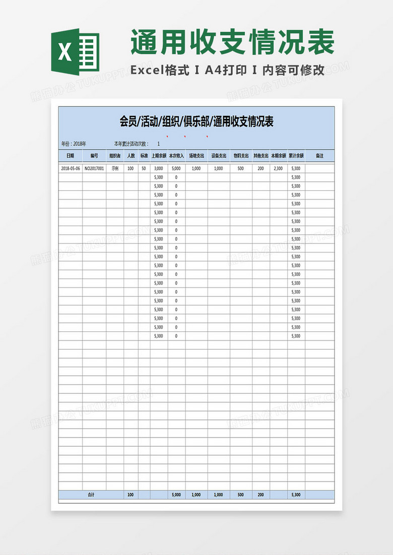 会员活动组织俱乐部收支情况表通用模板