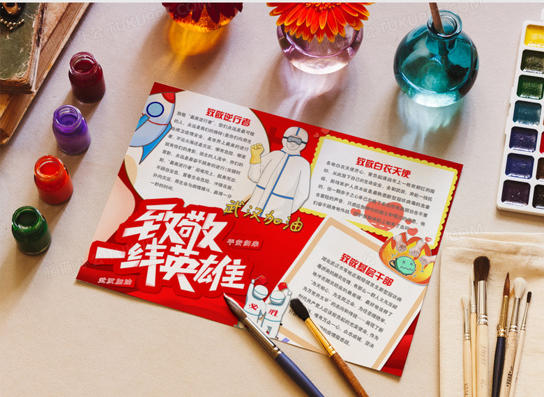 致敬抗疫英雄卡通简约武汉必胜word手抄报