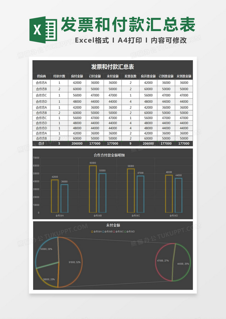 黑色采购发票和付款汇总表excel模板