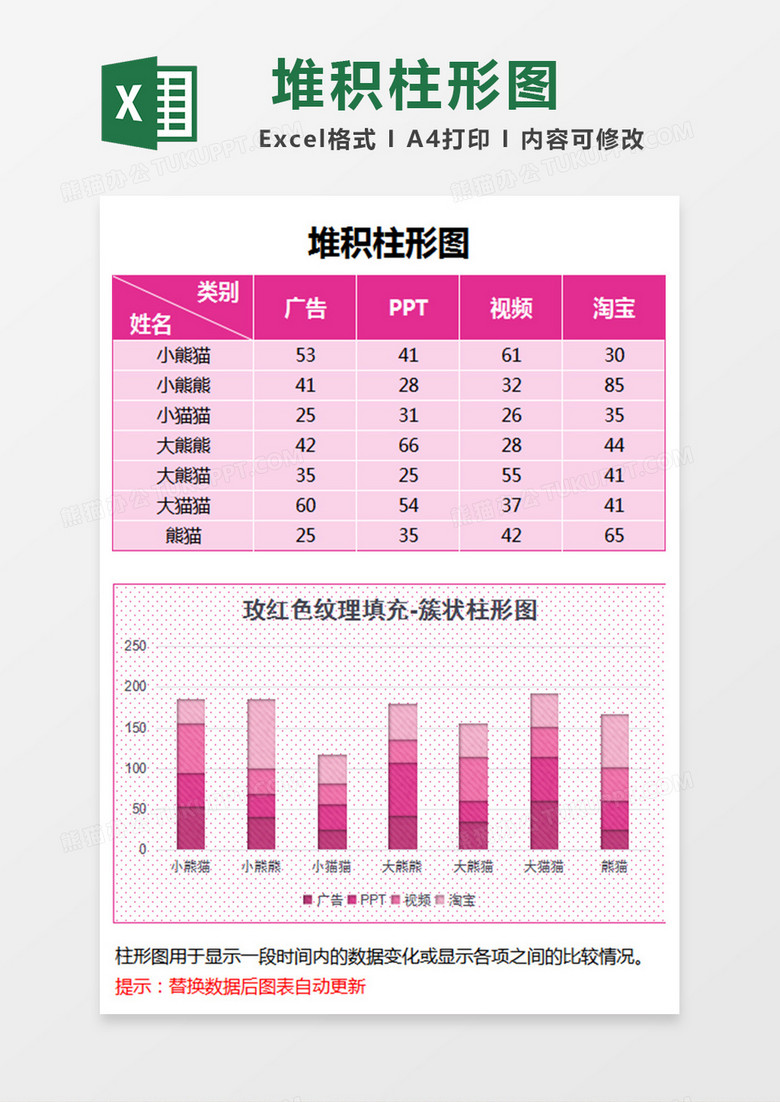 玫红色纹理填充堆积柱形图excel模板