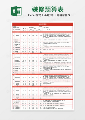 红色清新简约装修预算表Excel模板