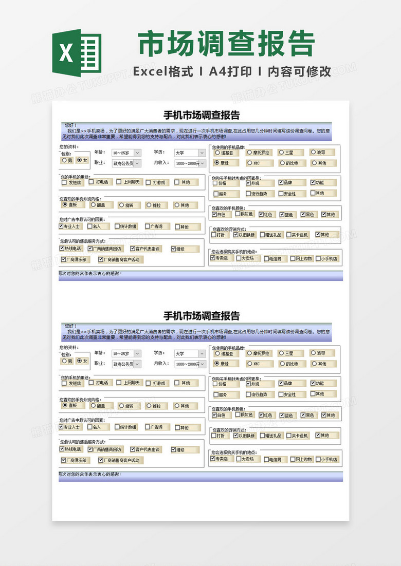 蓝色创意手机市场调查报告Excel模板